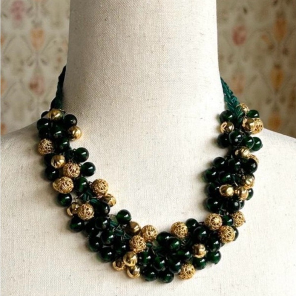 Yves Saint Laurent YSL Vtg Green Mohair Cord Gold Green Bead Statement Necklace